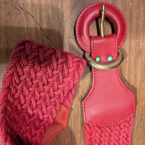 Woman's S Vintage Red Leather And Braided Cord Belt